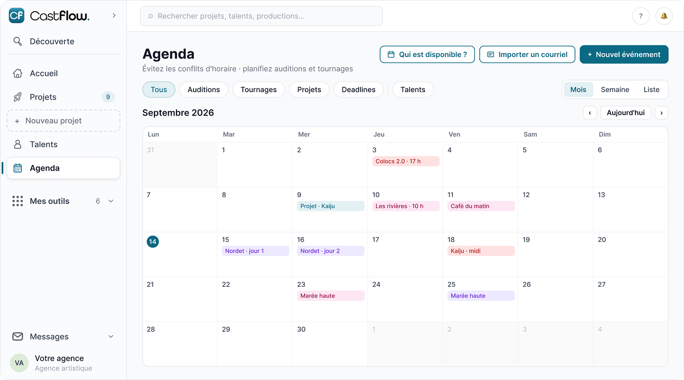 Page Agenda de l’app : auditions, tournages et disponibilités des talents dans un calendrier.
