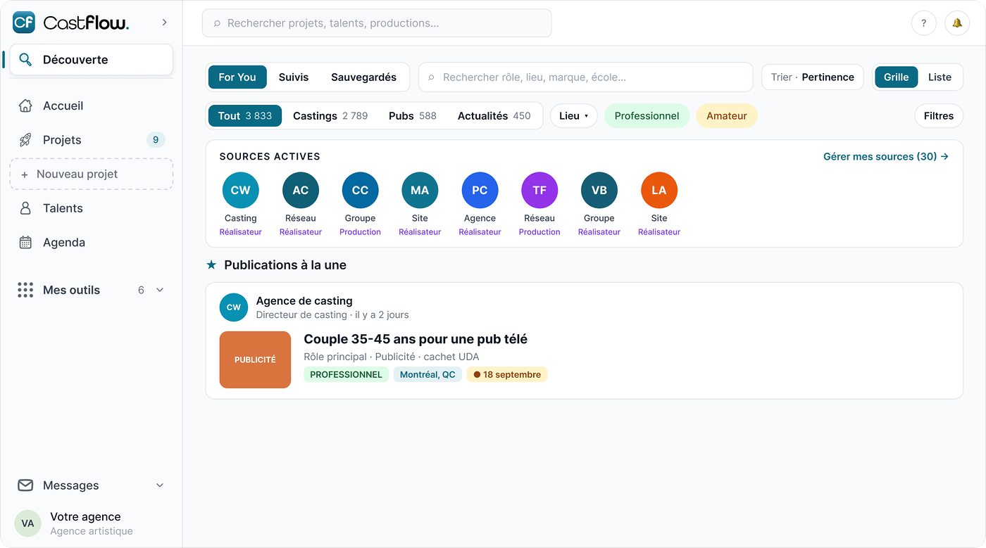 Page Découverte de l’app : les annonces de casting repérées sur Internet, triées par type.