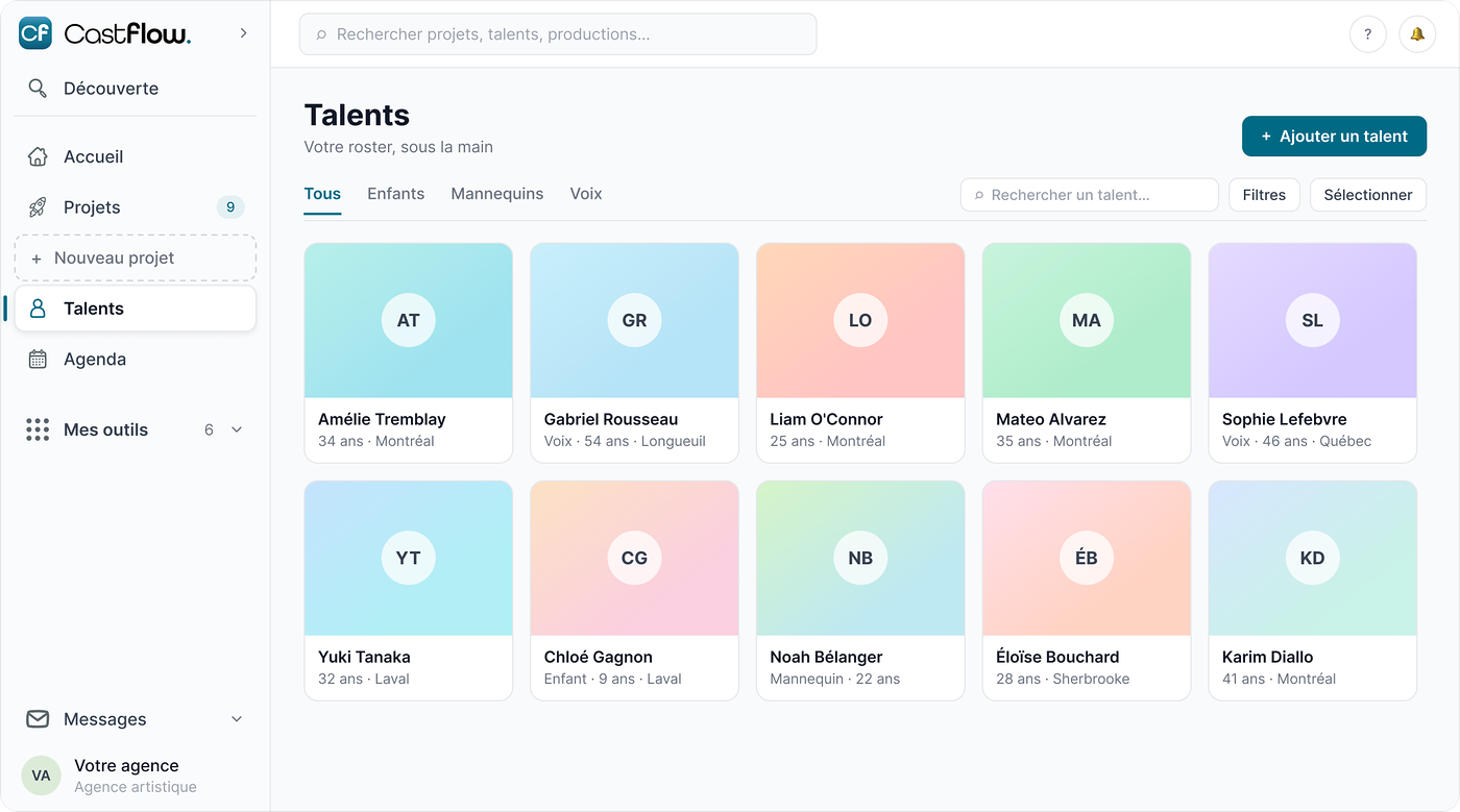 Page Talents de l’app : le roster de l’agence en visages, rangé par catégories.